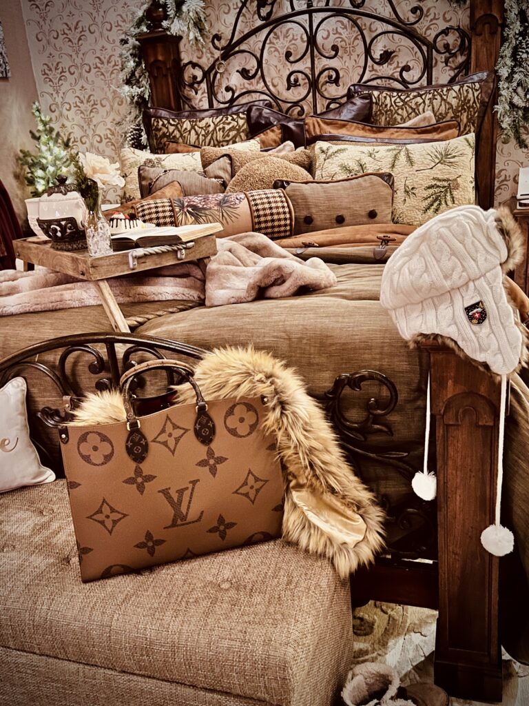 winter Christmas home décor bedding pine trees garland faux fur throw blankets winter wonderland bedroom louis vuitton