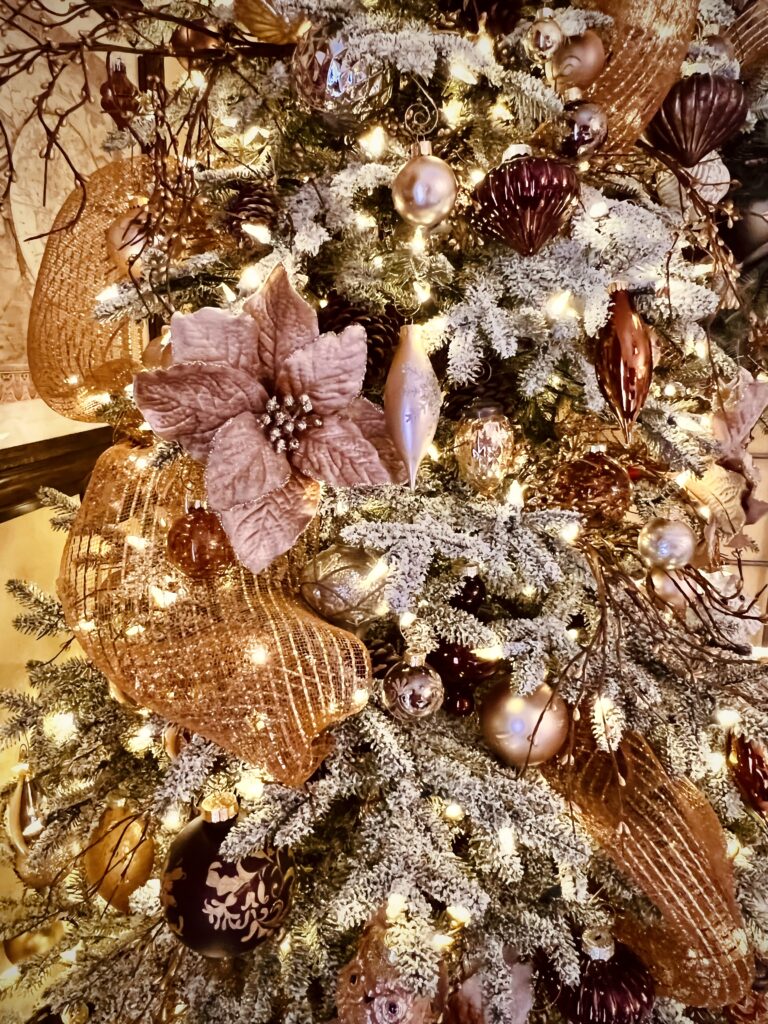 Balsam Hill christmas tree flocked gold and copper bronze neutral décor winter