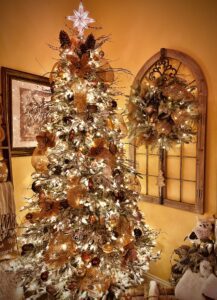 Balsam Hill tree and wreath decorated with copper gold bronze and brown farmhouse style winter décor