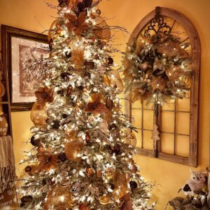 Balsam Hill tree and wreath decorated with copper gold bronze and brown farmhouse style winter décor