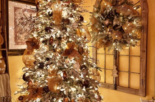 Balsam Hill tree and wreath decorated with copper gold bronze and brown farmhouse style winter décor