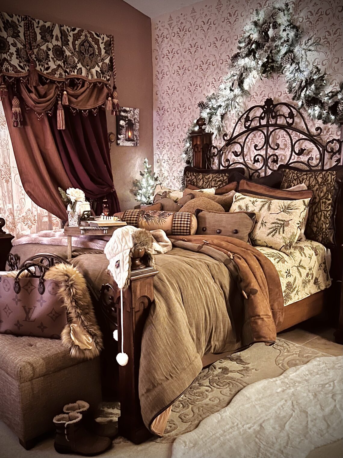 winter Christmas home décor bedding pine trees garland faux fur throw blankets winter wonderland bedroom louis vuitton