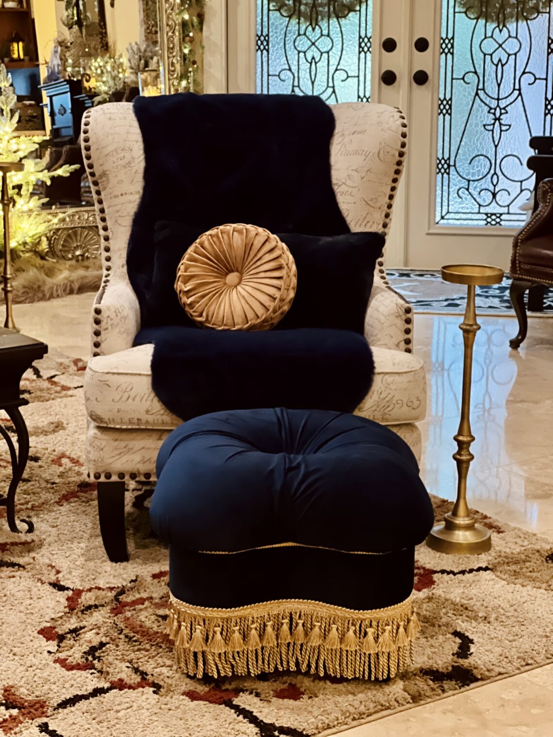 chair navy run and navy ottoman footstool winter gold pillow décor