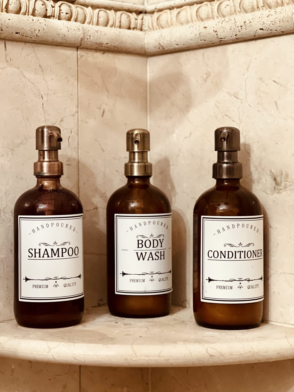 Bath Spa amber glass bottles shampoo body wash conditioner décor
