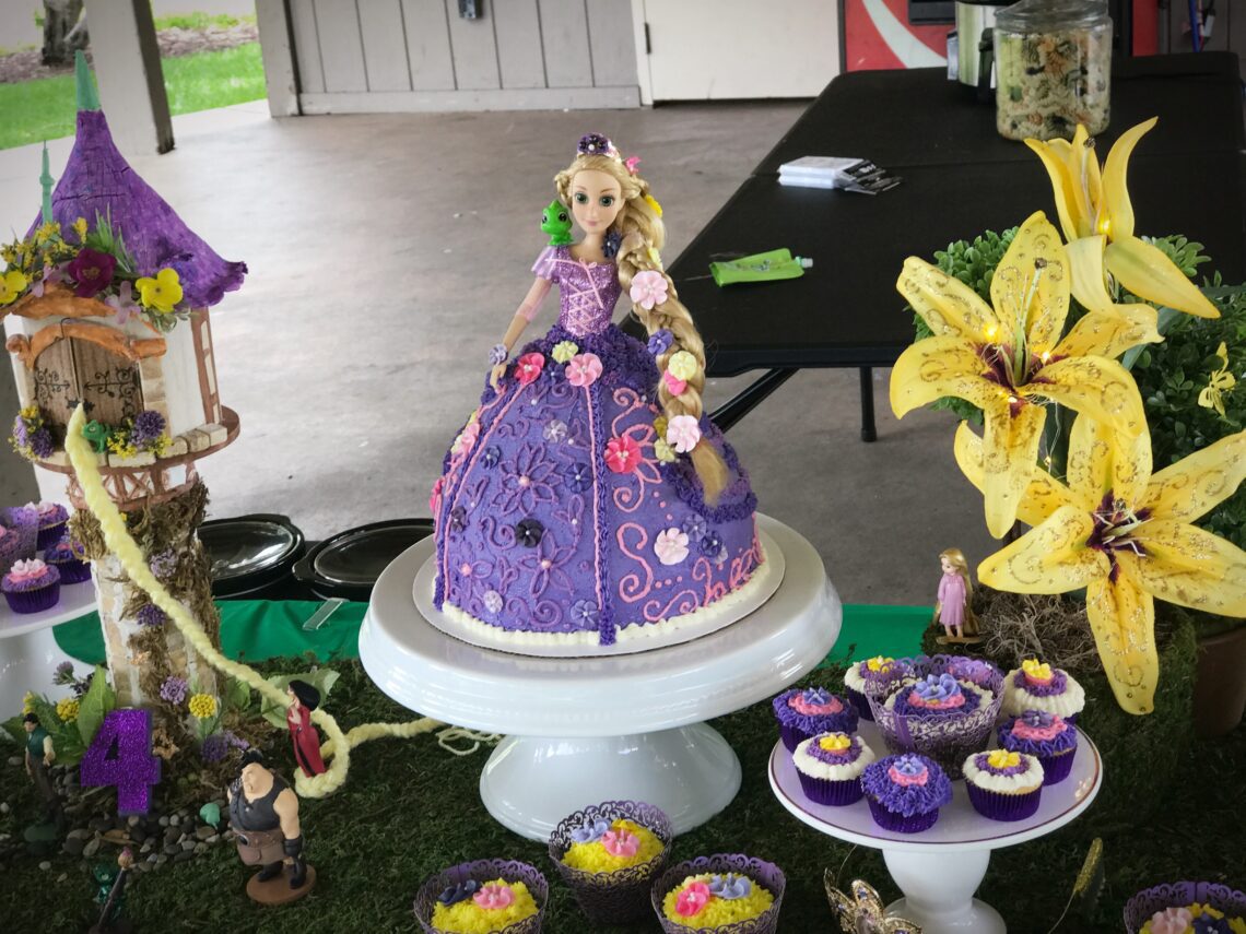 Rapunzel doll birthday party tower table view buttercream cake DIY Tangled