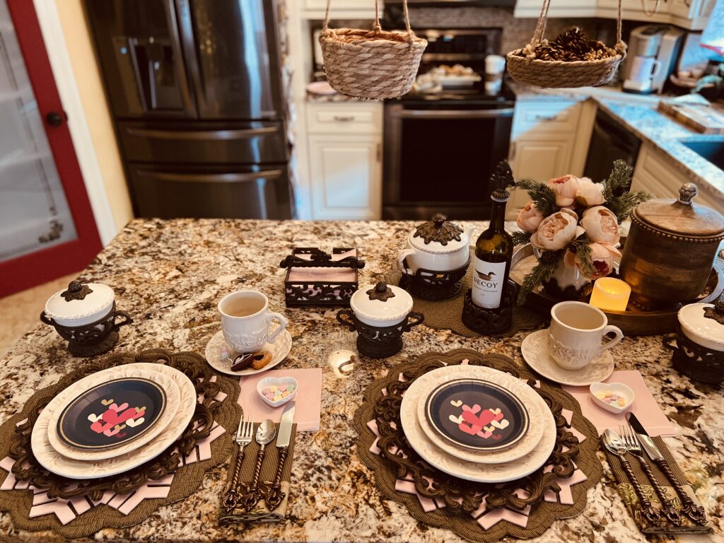 Navy pink hearts side by side Valentine's day table setting