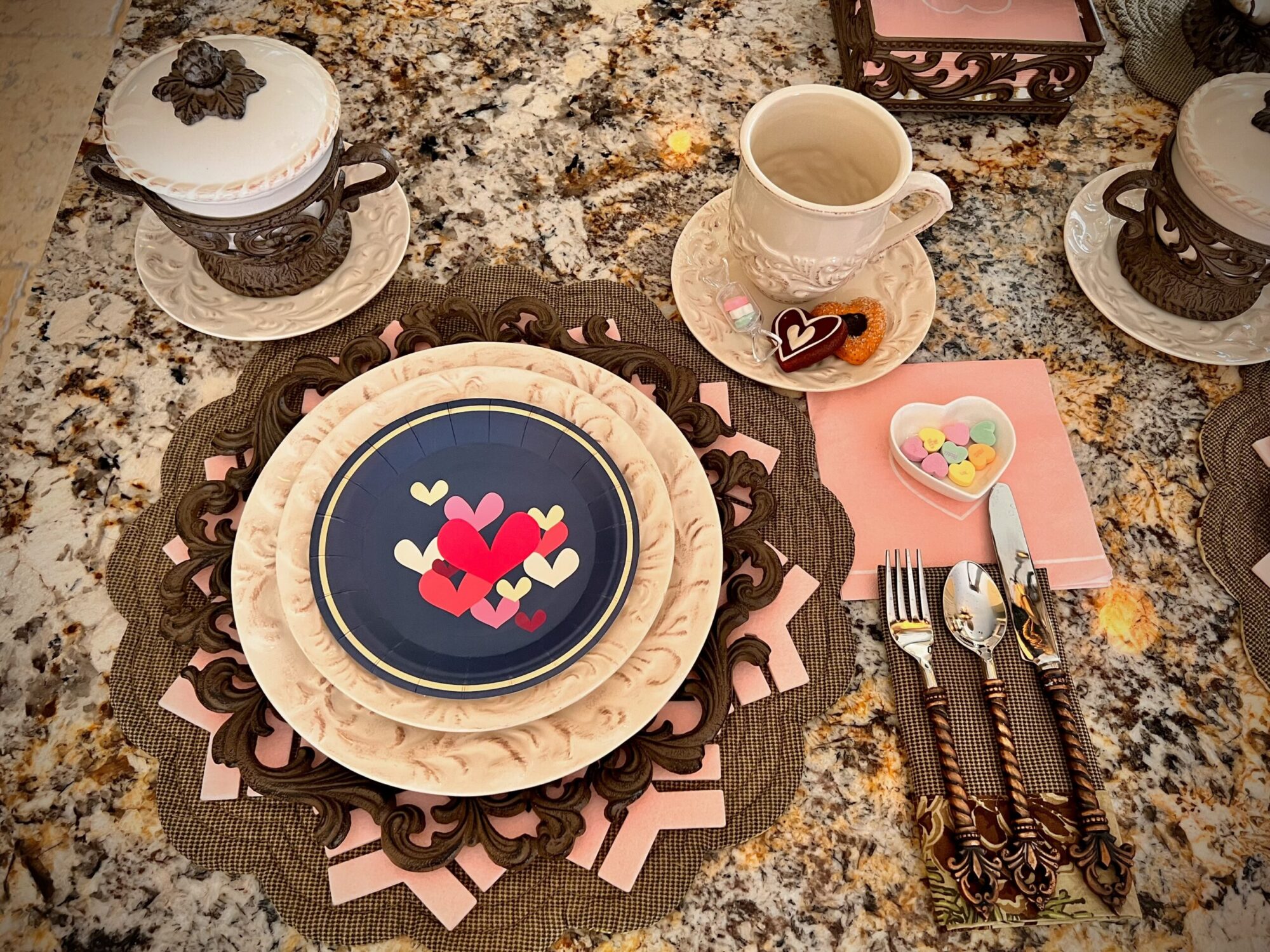 Valentine's Day Table Setting Navy with pink Hearts Paper Plate