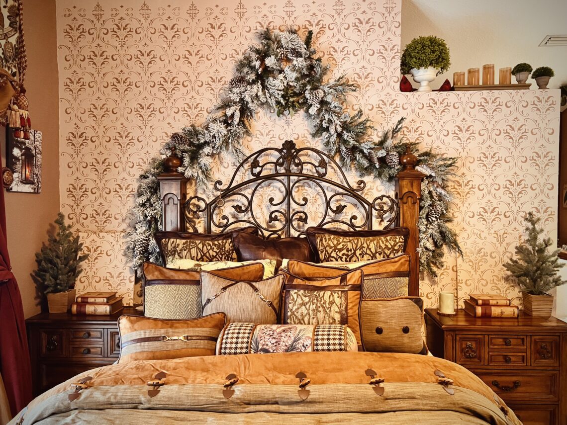 rustic lodge cabin luxury bedding dark antique walnut bedroom furniture wrought iron accents christomas decor candles led lighting orchids home decor