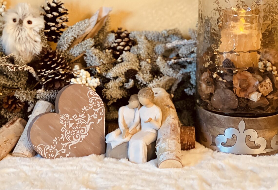 Tiered Tray Farmhouse Décor gilded gold and silver ceramic figures Target dollar spot Winter Lodge wood block sign Book boxes vintage yard flocked christmas tree faux fur table runner mini pine wreaths