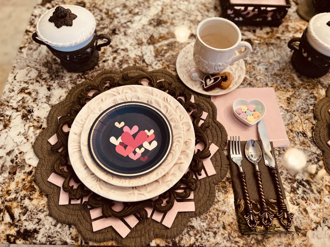 Valentine's Day Table Setting Navy with pink Hearts Paper Plate