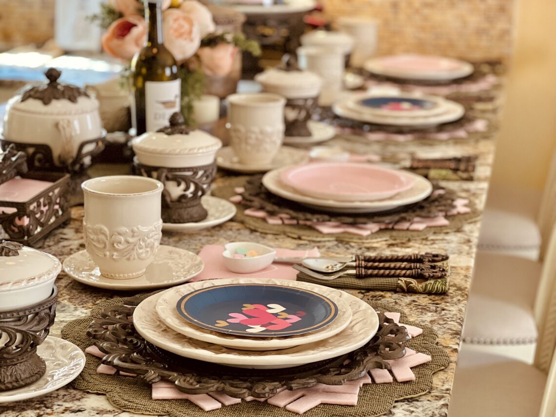 Mix matched Valentine's Day Table setting navy and light pink heart