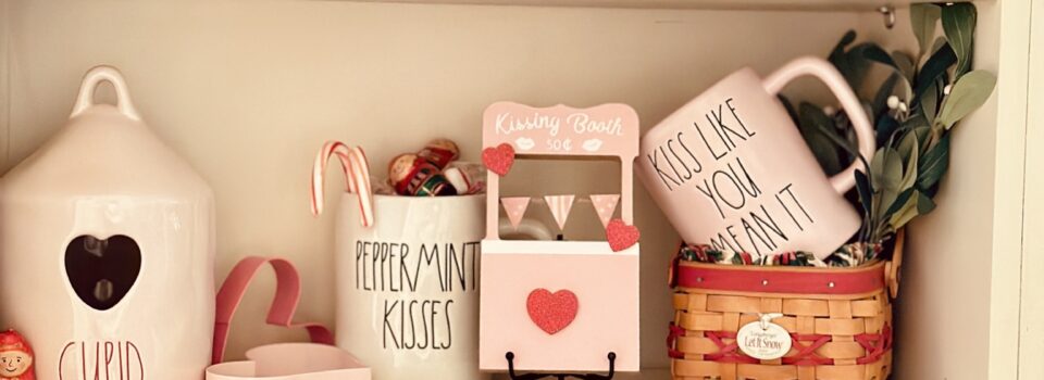 winter valentine's day bookshelf in kitchen Rae Dunn Mugs Cookie jar longaberger baskets