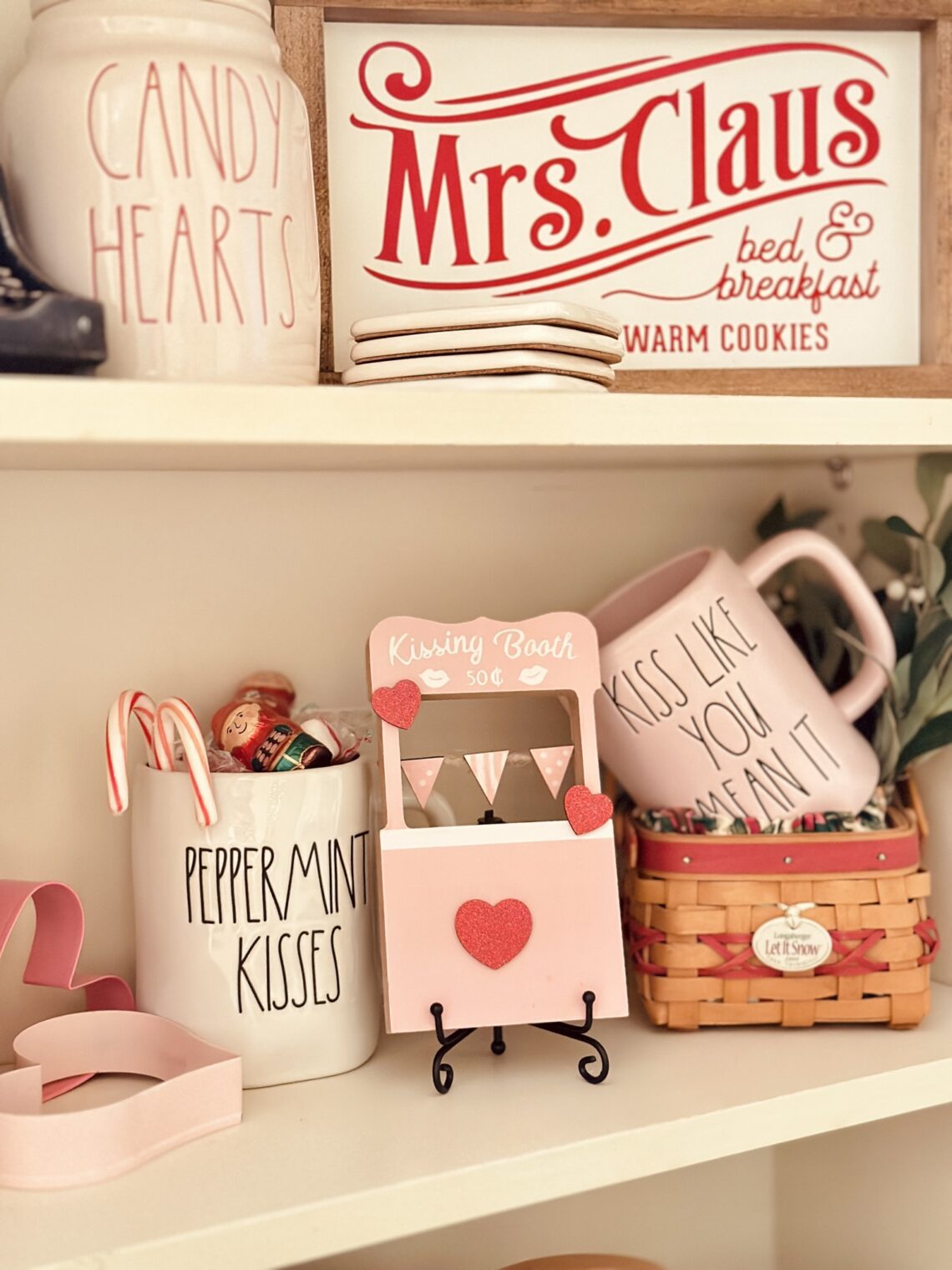 winter valentine's day bookshelf in kitchen Rae Dunn Mugs Cookie jar longaberger baskets