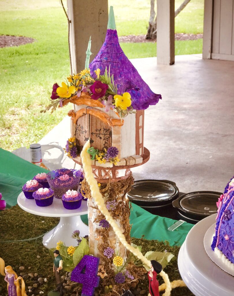 Rapunzel birthday party tower table view