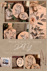Wood slice coasters crafts serving board Rub on transfers Eucalyptus dreams Spring DIY easy décor ideas
