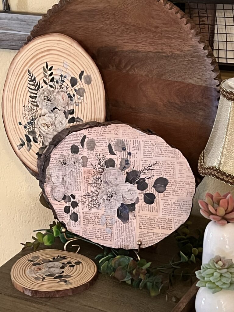 Wood slice coasters crafts serving board dollar tree mod podge scrapbook paper Wood GG Collection Charger on gilded gold plate stand