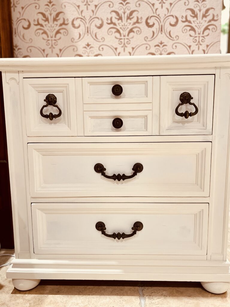 French country bedroom furniture makeover dark antique walnut wrought iron accents home décor improvement chalk paint all in one wax glaze antique restoration before and after Provincial white cream gilding wax gold techniques tips