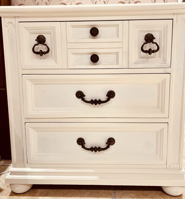 French country bedroom furniture makeover dark antique walnut wrought iron accents home décor improvement chalk paint all in one wax glaze antique restoration before and after Provincial white cream gilding wax gold techniques tips