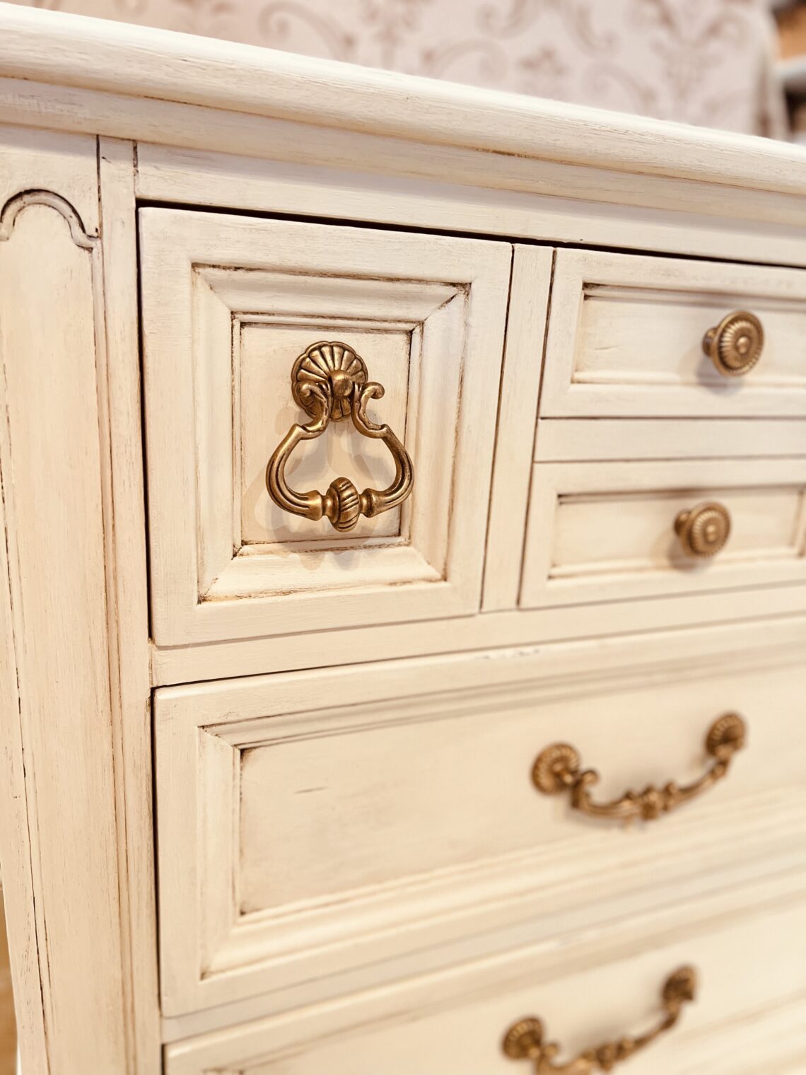 French country bedroom furniture makeover dark antique walnut wrought iron accents home décor improvement chalk paint all in one wax glaze antique restoration before and after Provincial white cream gilding wax gold techniques tips rae dunn cinderella