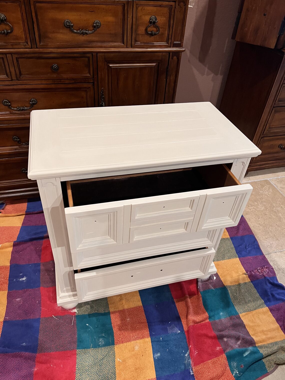 nightstand drawer sides after white paint before decoupage makeover