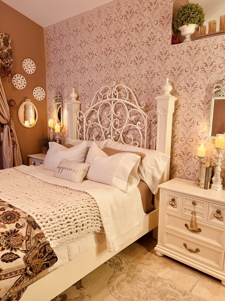 French country bedroom adding damask bedding