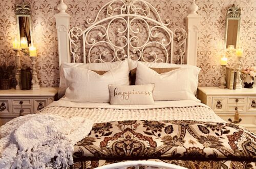French country bedroom furniture makeover dark antique walnut wrought iron accents home décor improvement chalk paint all in one wax glaze antique restoration before and after Provincial white cream gilding wax gold techniques tips