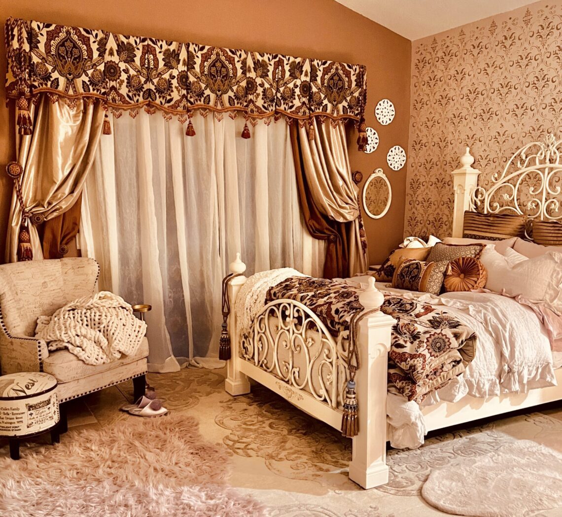 French country bedroom dresser mirror armoire furniture makeover dark antique walnut wrought iron accents home décor improvement chalk paint all in one wax glaze antique restoration before and after Provincial white cream gilding wax gold techniques tips Rae Dunn Disney Princess Mug Cinderella Bibbidi Bobbidi Boo