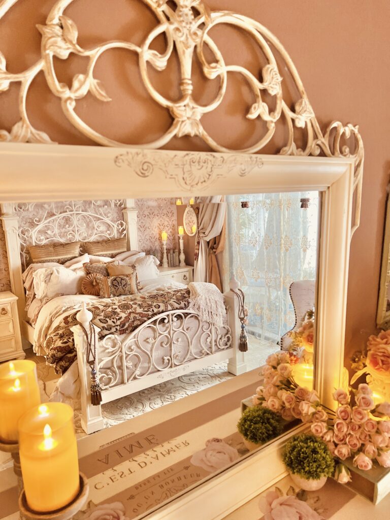 French country bedroom dresser mirror armoire furniture makeover dark antique walnut wrought iron accents home décor improvement chalk paint all in one wax glaze antique restoration before and after Provincial white cream gilding wax gold techniques tips Rae Dunn Disney Princess Mug Cinderella Bibbidi Bobbidi Boo