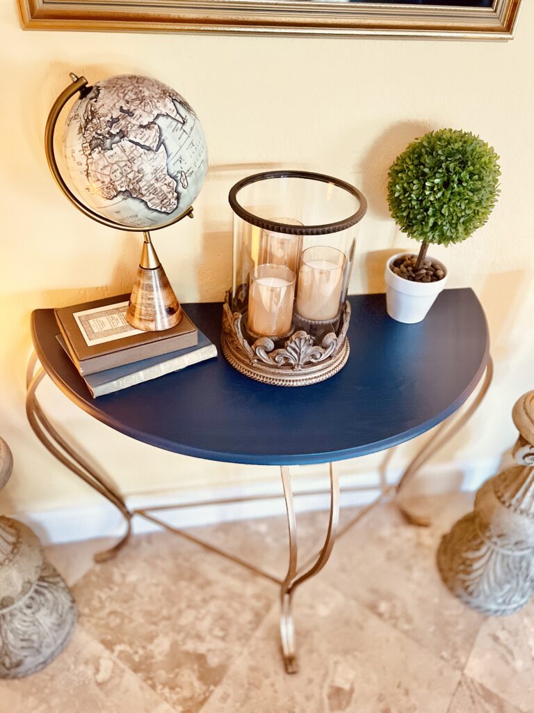 brown half moon console table metal legs painted navy blue and gold GILDING WAX