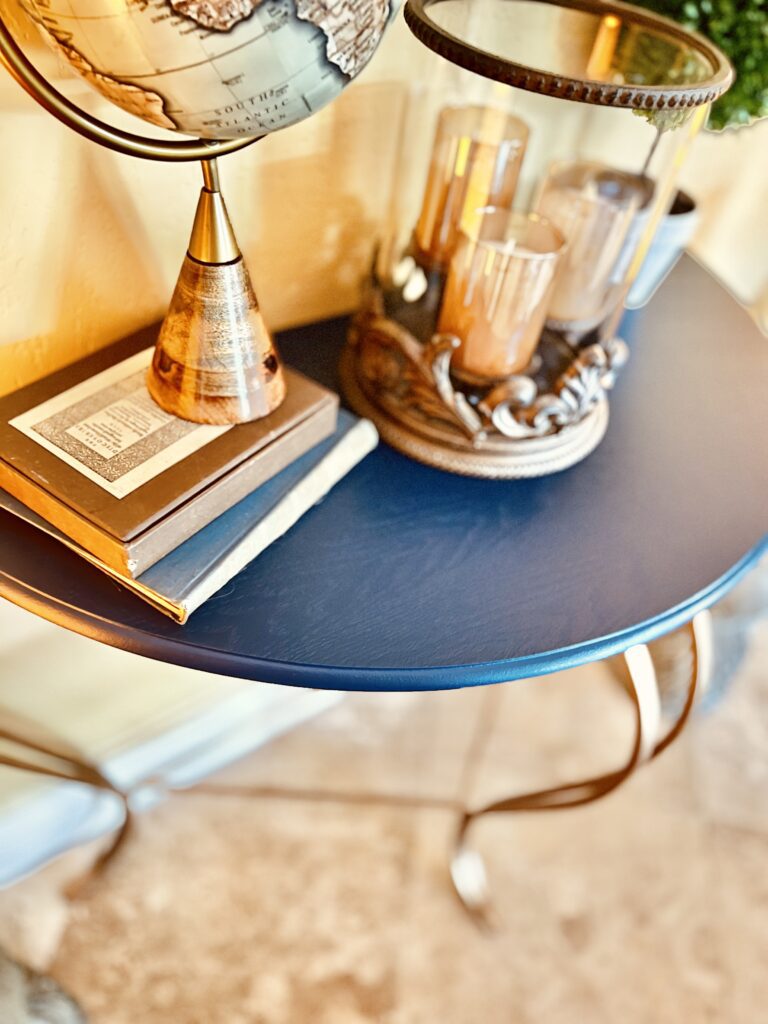 brown half moon console table metal legs painted navy blue and gold