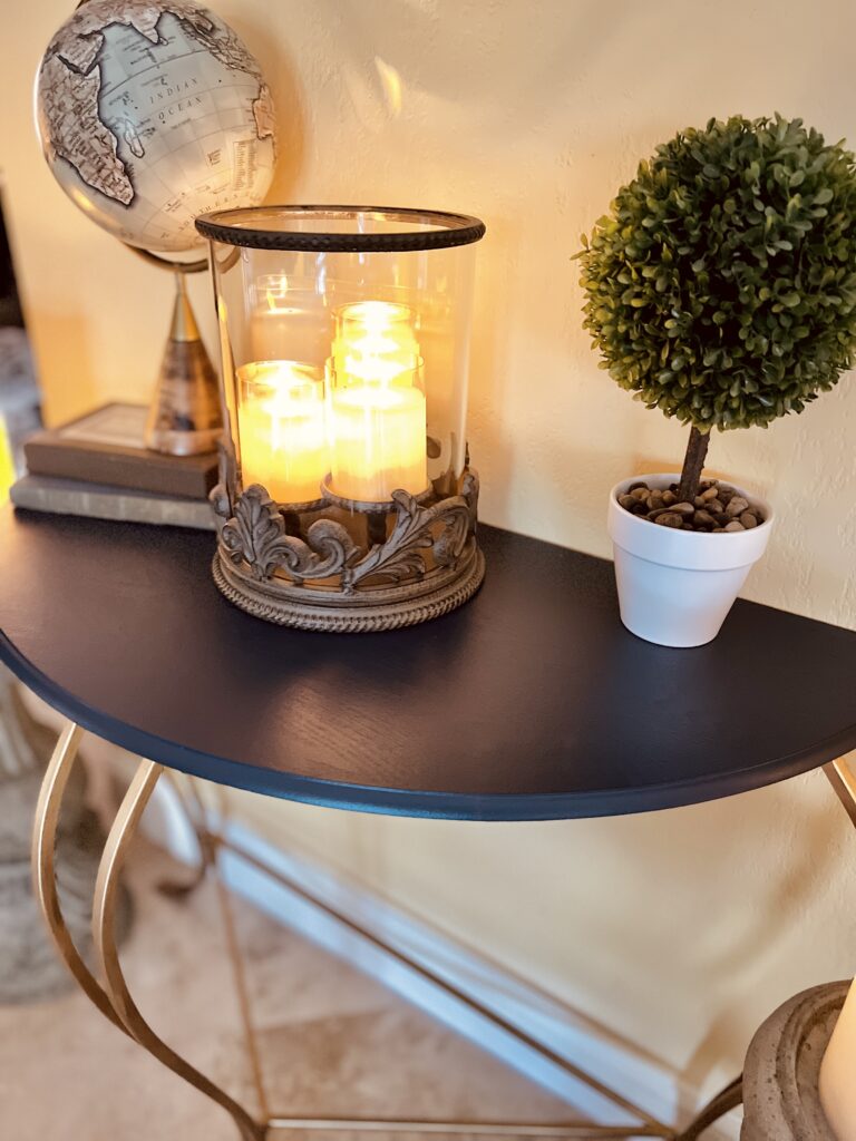 brown half moon console table metal legs painted navy blue and gold GILDING WAX gg collection