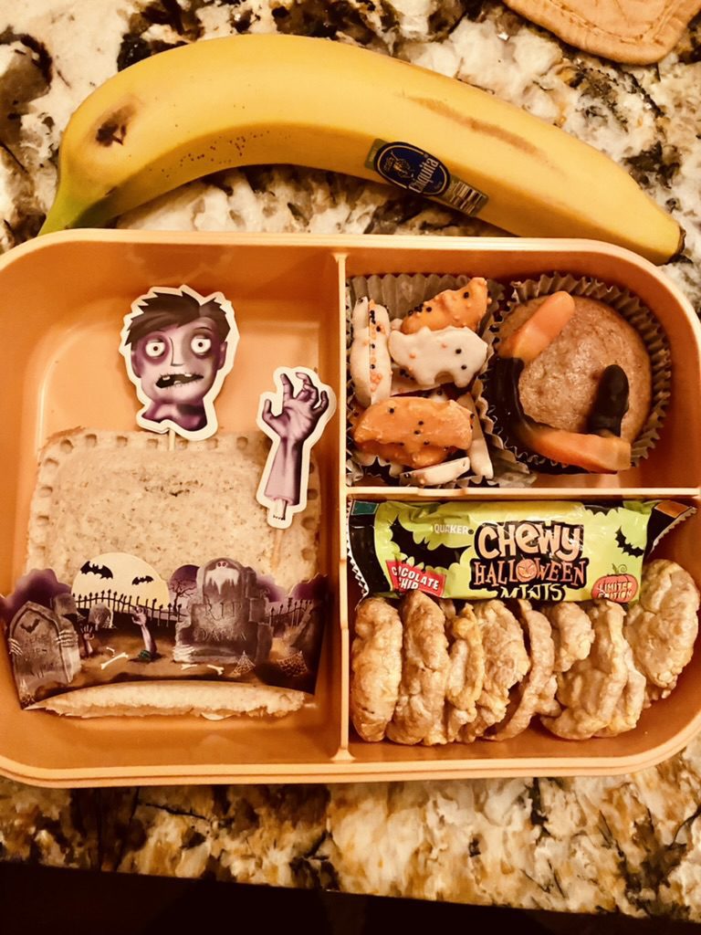 halloween bento box zombie arm head trombstones crustless