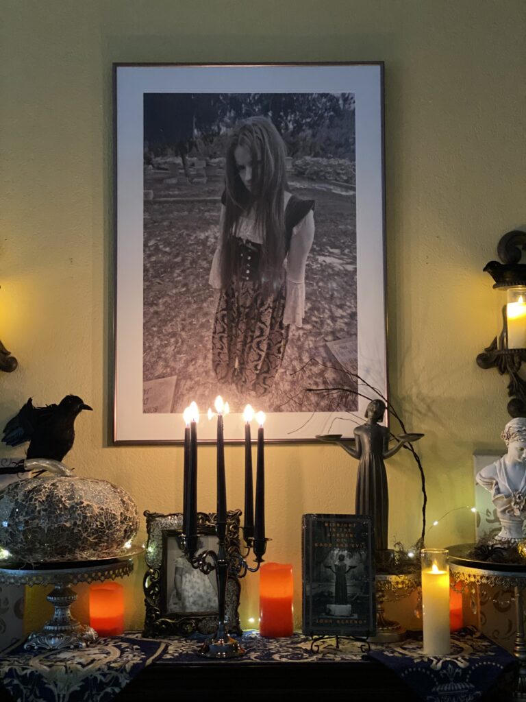 me in the Bonaventure cemetery in Savannah GA framed photo art black candles on fireplace mantel halloween decor