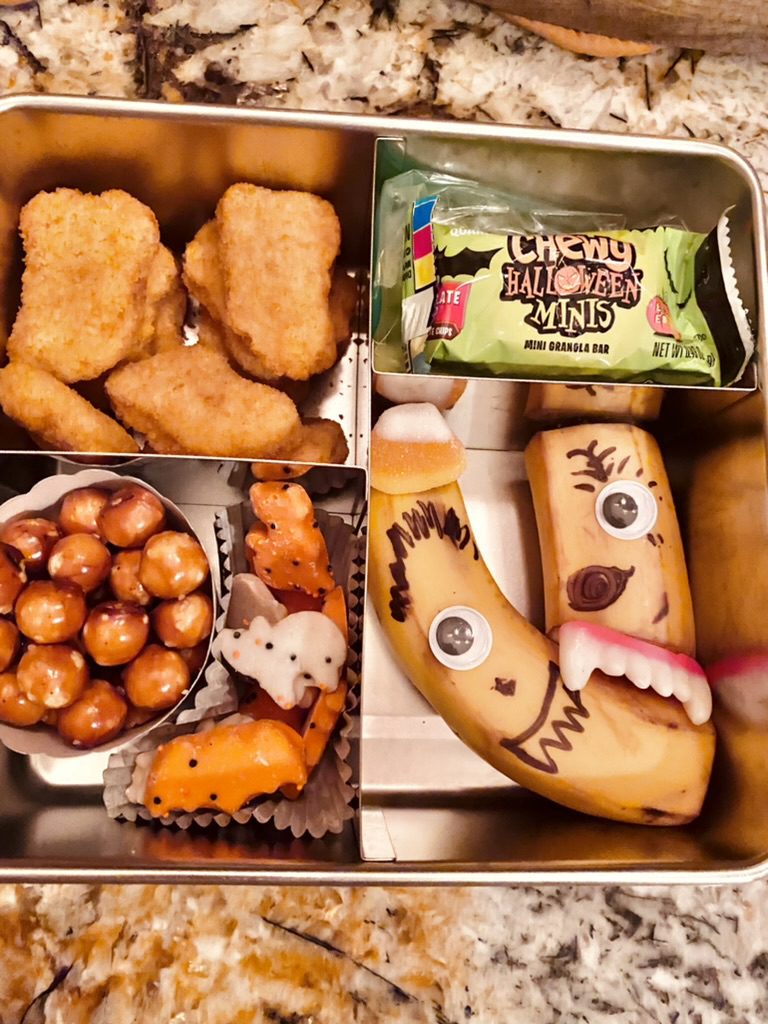 halloween bento box lunch brunch cucumber broom cutouts mini pancakes ghost monster bananas