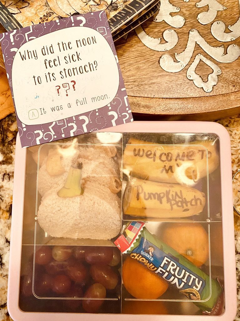 halloween bento box lunch pumpkin sandwich crustless joke note