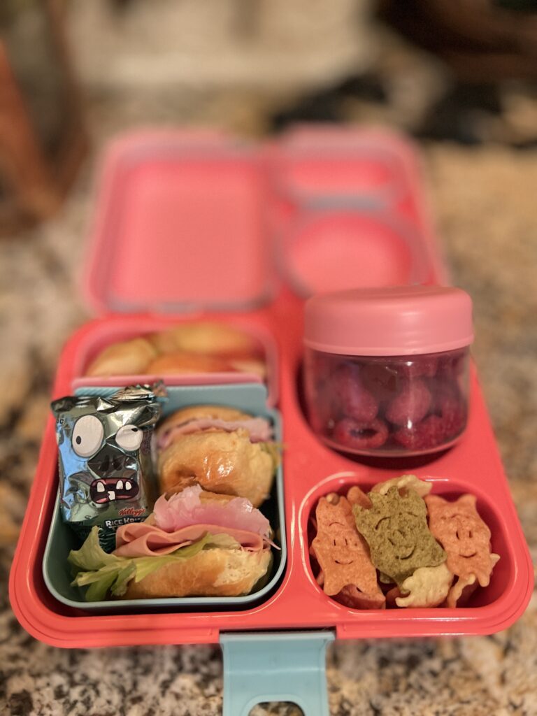 Halloween bento box Thermos lunchbox mini ham sandwich on brioche raspberries veggie chips