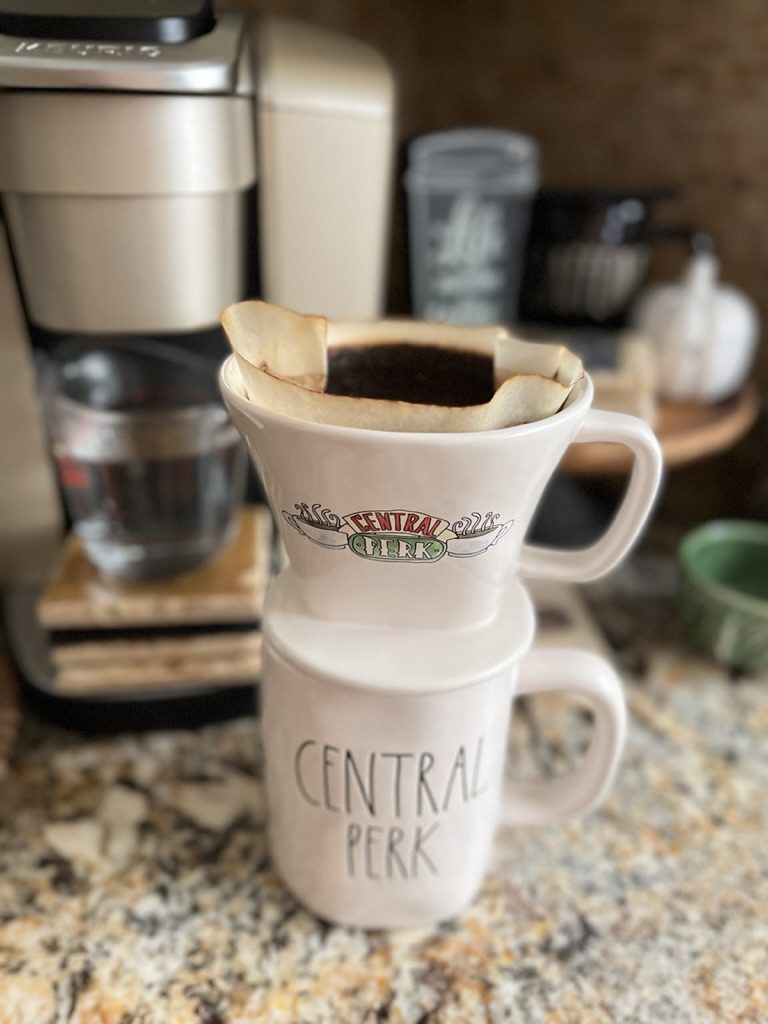 Rae Dunn Friends Drip Coffee Mug set in kitchen coffee bar