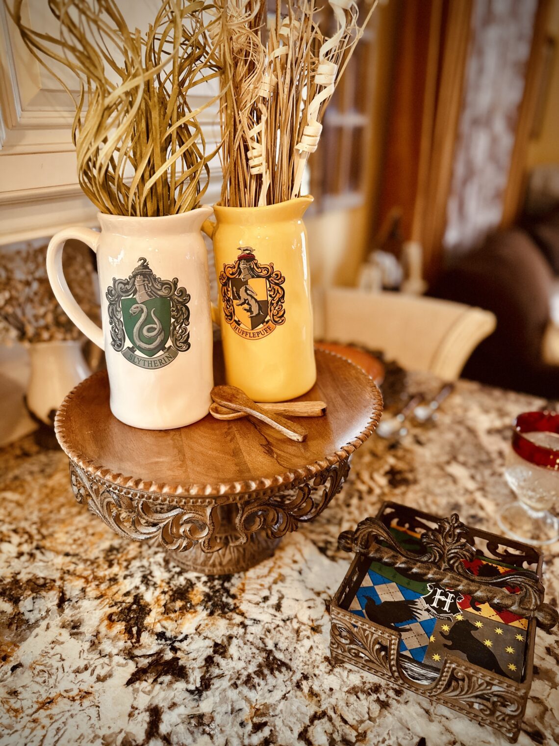 Hogwarts Harry Potter Quidditch Candles LED flickering soft glow on brass candle sticks table centerpiece hogwarts house crest plates harry potter peel and stick decals