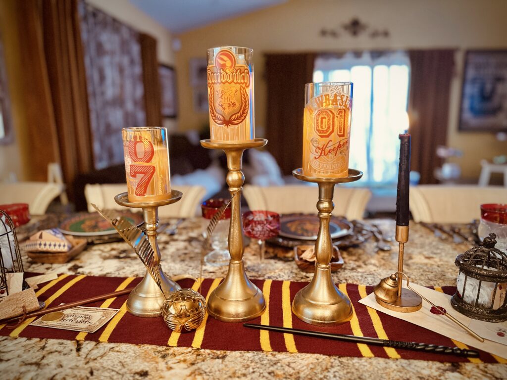 Hogwarts Harry Potter Quidditch Candles LED flickering soft glow on brass candle sticks table runner centerpiece