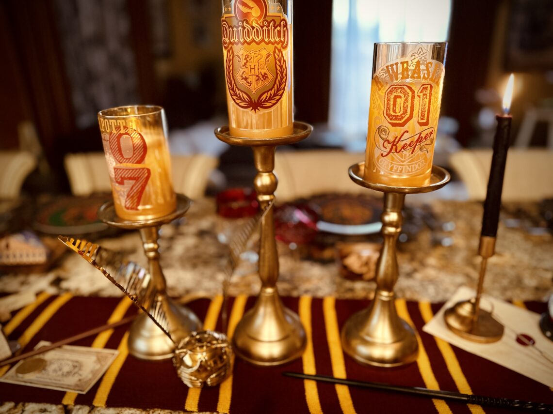 Easy Harry Potter Candles LED flickering soft glow on brass candle sticks table runner centerpiece