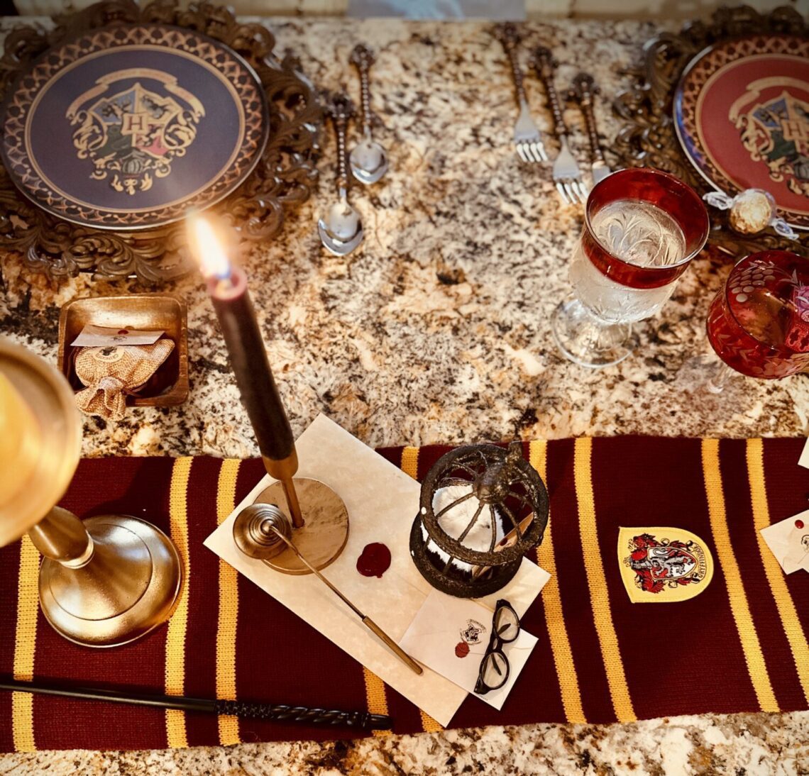 Hogwarts Harry Potter Quidditch Candles LED flickering soft glow on brass candle sticks table centerpiece hogwarts letters