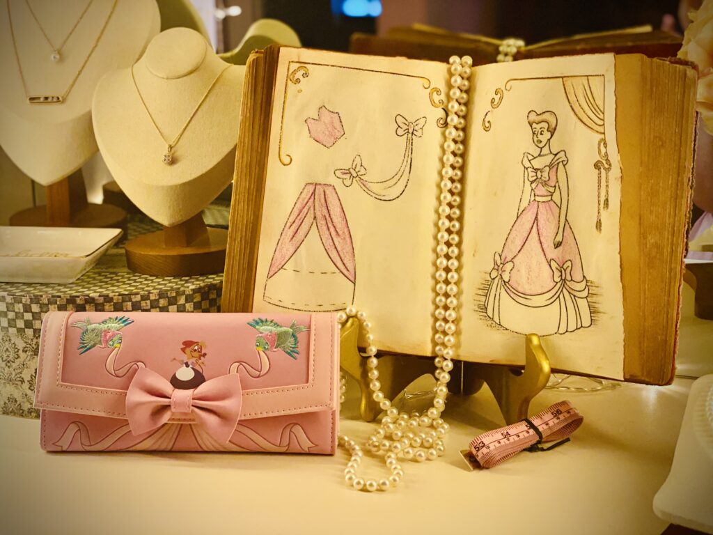 DIY Cinderella sewing book closet decor pearls Loungefly wallet Mikimoto Messika jewelry display