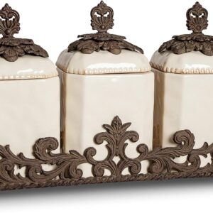 Cream Ceramic 3-Piece Canisters With Provincial Metal Base