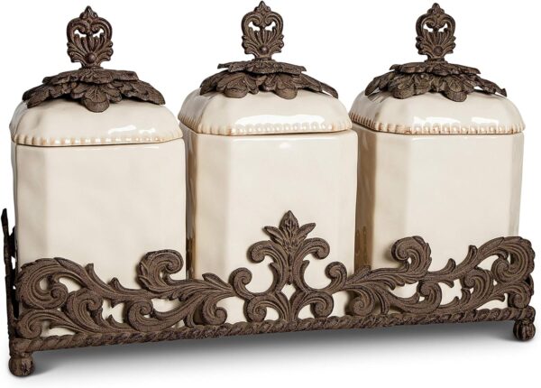 Cream Ceramic 3-Piece Canisters With Provincial Metal Base