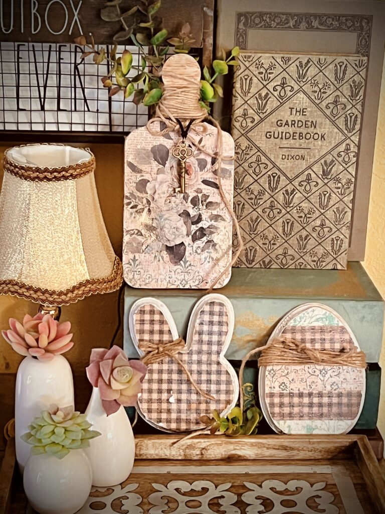 spring Easter decor eucalyptus bunny head and egg wood craft decoupage scrapbook paper twine