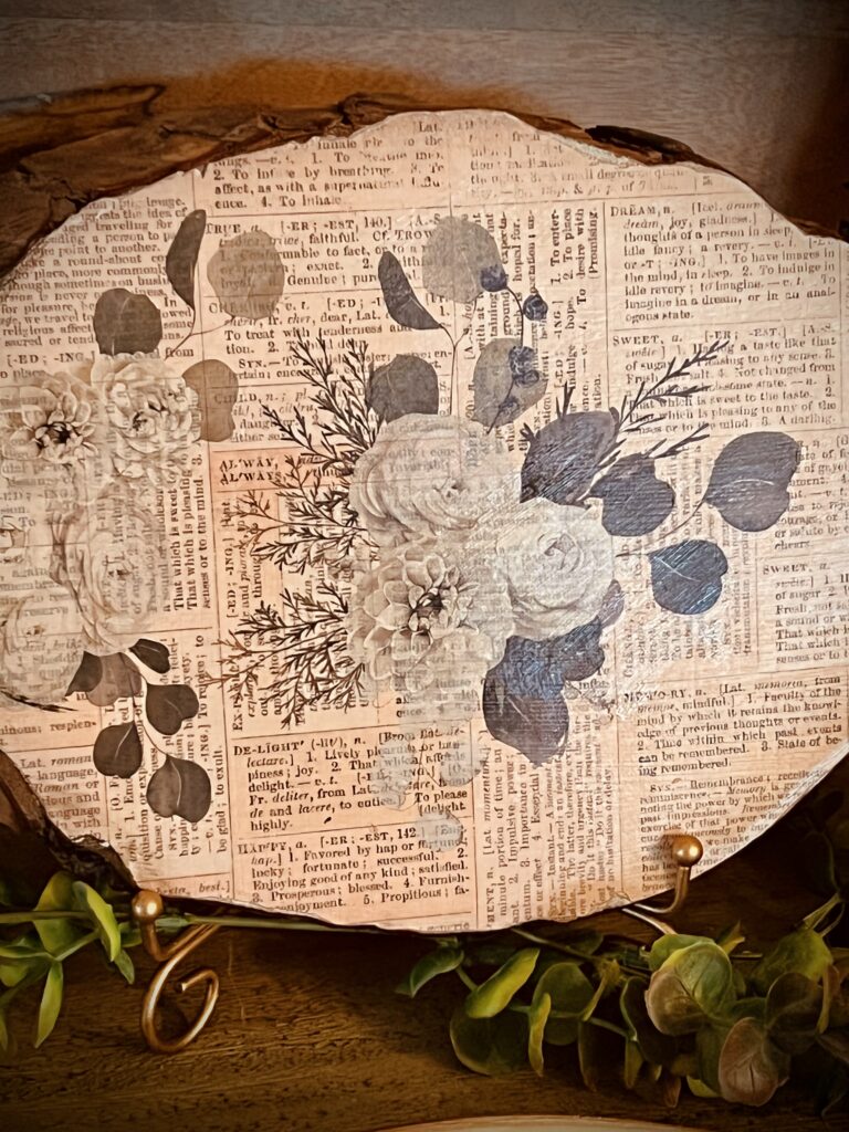 Spring Decor wood slice craft eucalyptus dreams rub on transfer art decoupage scrapbook paper poetry script